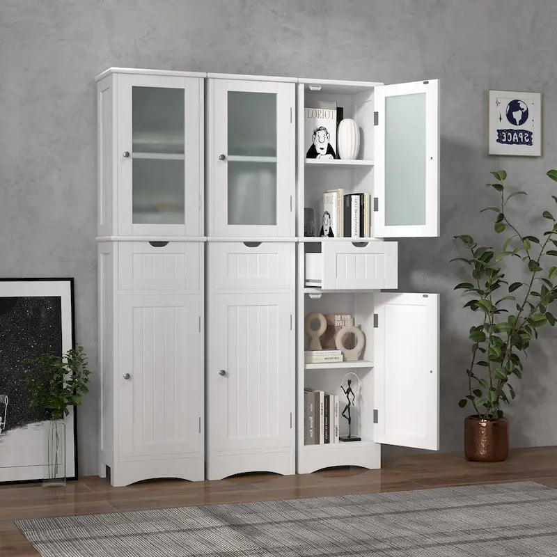 Bathroom Tall Cabinet Freestanding Linen Tower with Doors & Drawer