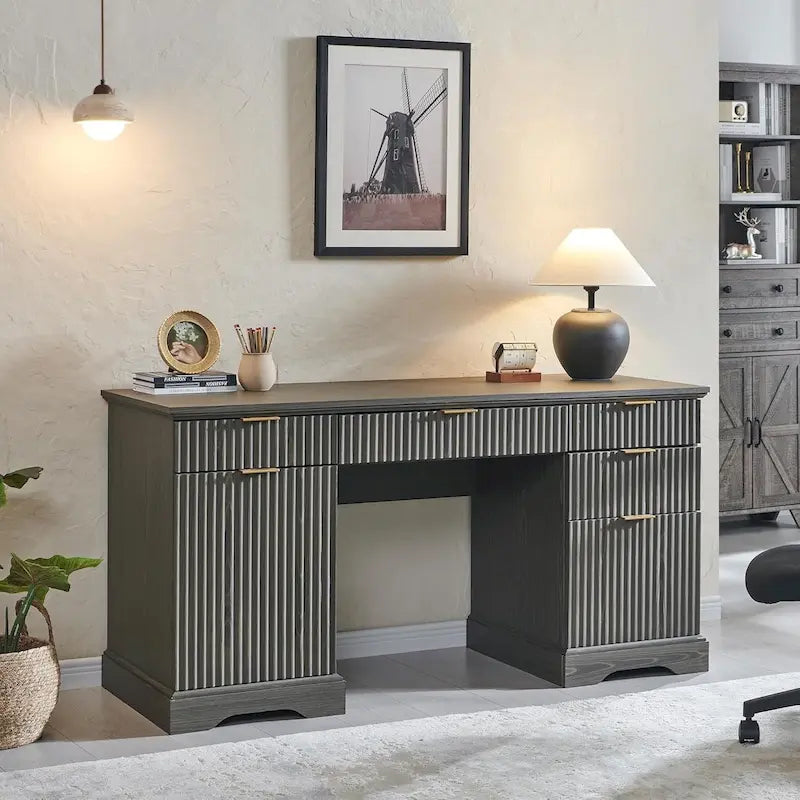 58 Modern Executive Desk with Storage, Wood Home Office Desk