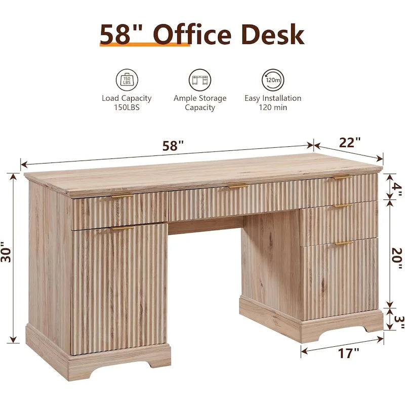 58 Modern Executive Desk with Storage, Wood Home Office Desk