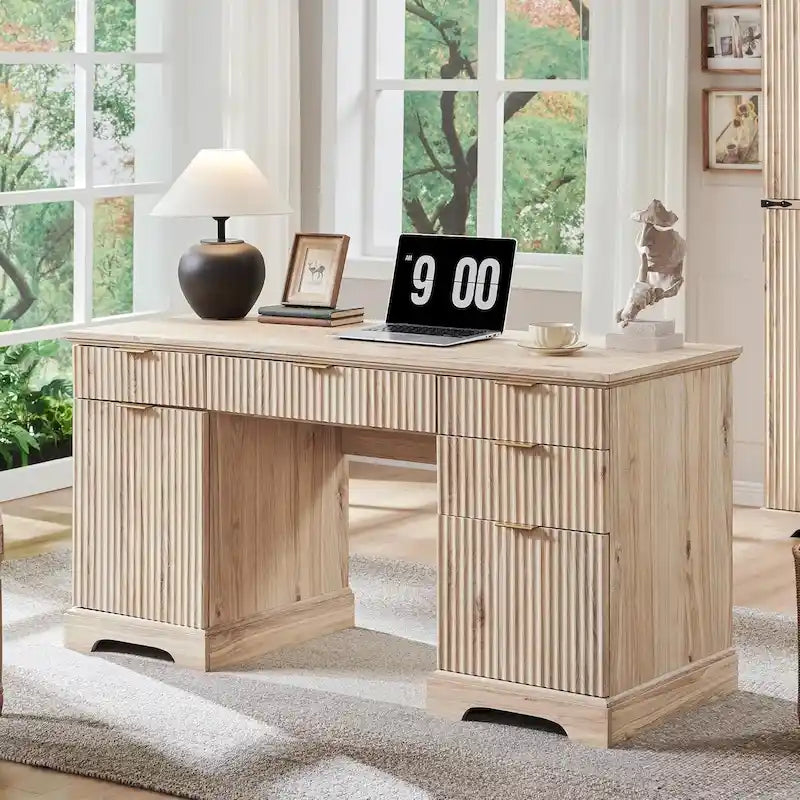 58 Modern Executive Desk with Storage, Wood Home Office Desk
