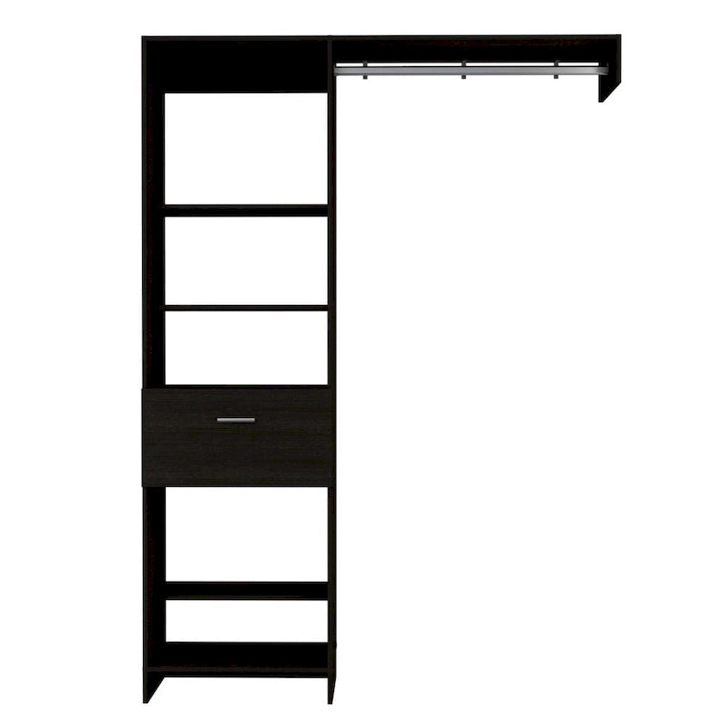 Closet System with Metal Rod, 5 Open Shelves, and 1 Drawer - N/A