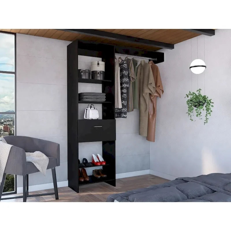 Closet System with Metal Rod, 5 Open Shelves, and 1 Drawer - N/A