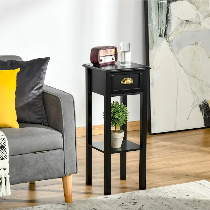 2-Tier Night Stand with Drawer, Narrow End Table with Bottom Shelf, for Living Room or Bedroom