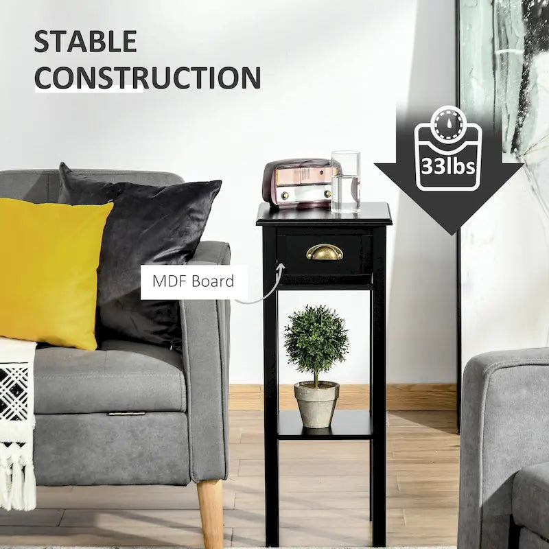 2-Tier Night Stand with Drawer, Narrow End Table with Bottom Shelf, for Living Room or Bedroom