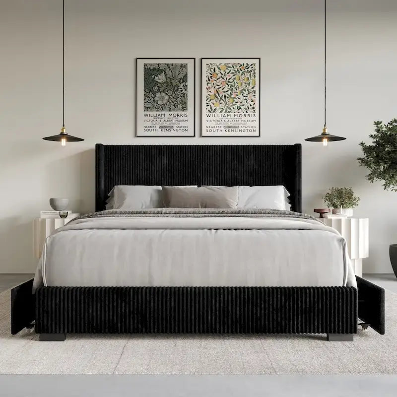 Full Upholstered Storage Platform Bed with Wingback Headboard