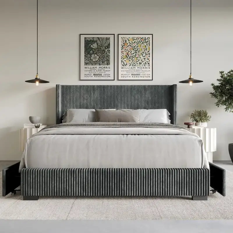 Full Upholstered Storage Platform Bed with Wingback Headboard