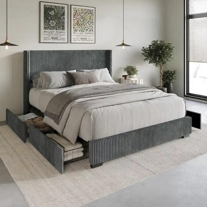 Full Upholstered Storage Platform Bed with Wingback Headboard