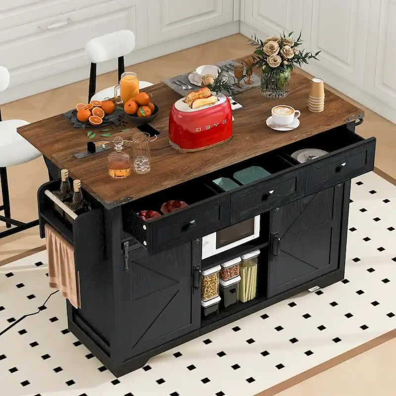 53.5 Farmhouse Kitchen Island with Power Outlet, Drop Leaf, Spice Rack, Drawer, and Wheels