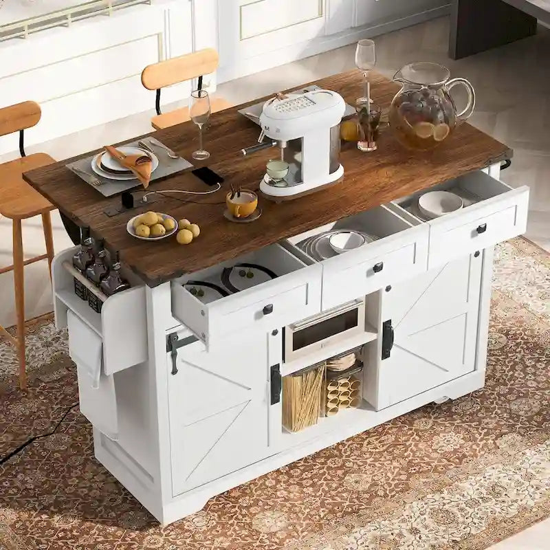 53.5 Farmhouse Kitchen Island with Power Outlet, Drop Leaf, Spice Rack, Drawer, and Wheels