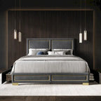 Full Upholstered Storage Platform Bed with Gold Accents