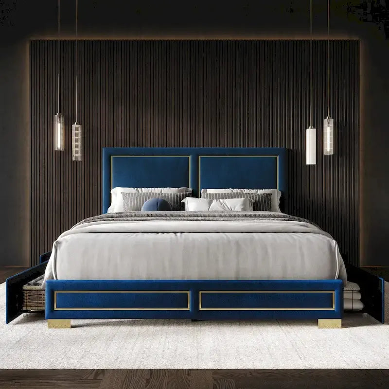 Full Upholstered Storage Platform Bed with Gold Accents