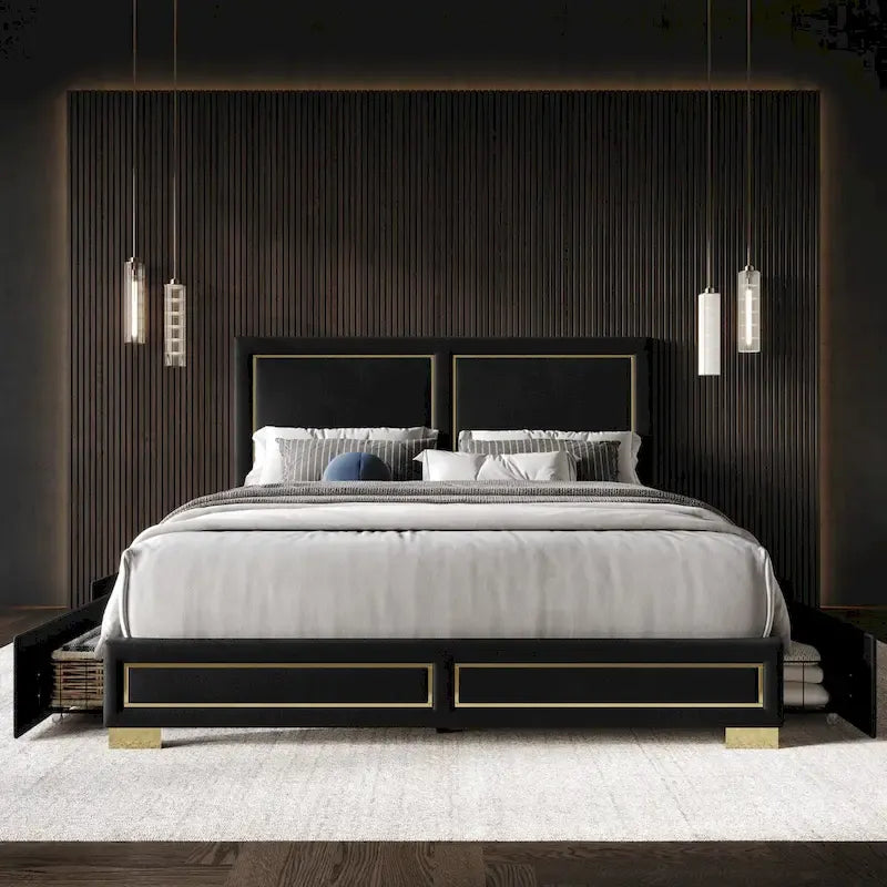 Full Upholstered Storage Platform Bed with Gold Accents