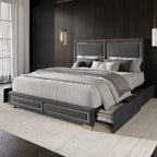 Full Upholstered Storage Platform Bed with Gold Accents