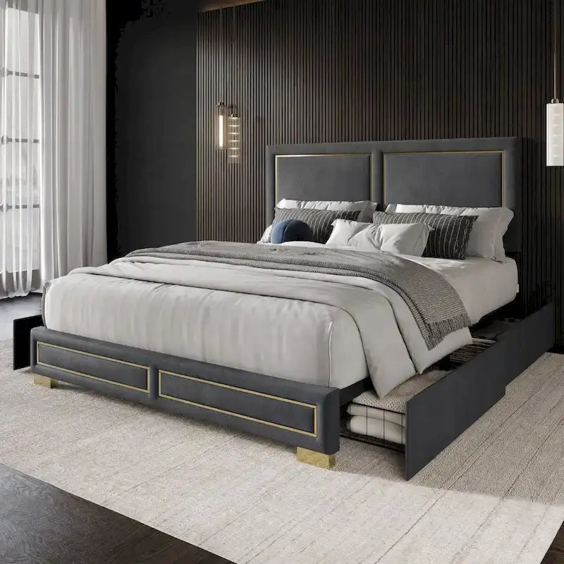 Full Upholstered Storage Platform Bed with Gold Accents