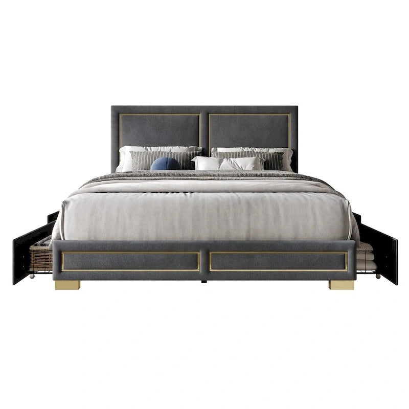 Full Upholstered Storage Platform Bed with Gold Accents